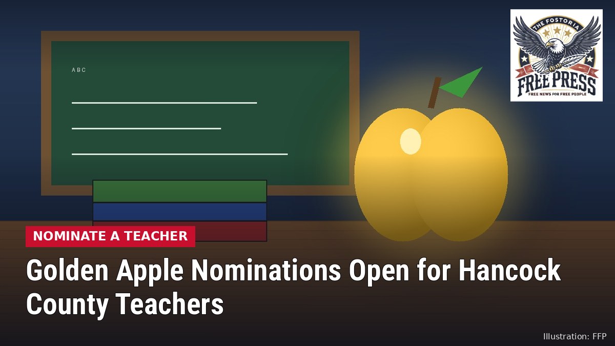 Illustration of a glowing golden apple on a wooden desk beside a stack of books and a chalkboard, with headline: Golden Apple Nominations Open for Hancock County Teachers